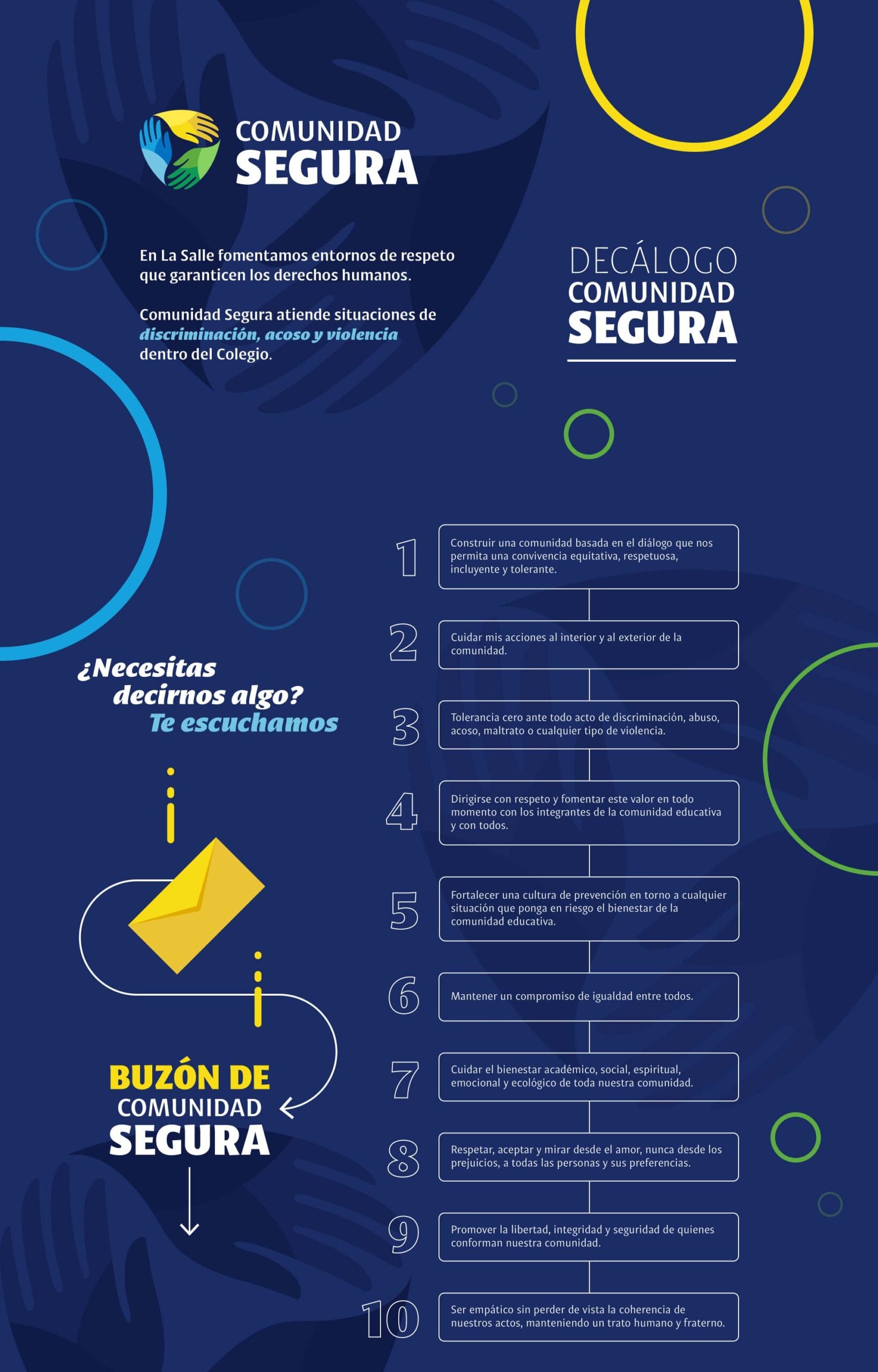 "Comunidad Segura" es el buzón que atiende situaciones de discriminación, acoso y violencia dentro del CCC. Decálogo Comunidad Segura: 1. Construir una comunidad basada en el diálogo que nos permita una convivencia equitativa, respetuosa, incluyente y tolerante. 2. Cuidar mis acciones al interior y al exterior de la comunidad. 3. Tolerancia cero ante todo acto de discriminación, abuso, acoso, maltrato o cualquier tipo de violencia. 4. Dirigirse con respeto y fomentar este valor en todo momento con los integrantes de la comunidad educativa y con todos. 5. Fortalecer una cultura de prevención en torno a cualquier situación que ponga en riesgo el bienestar de la comunidad educativa. 6. Mantener un compromiso de igualdad entre todos. 7. Cuidar el bienestar académico, social, espiritual, emocional y ecológico de toda nuestra comunidad. 8. Respetar, aceptar y mirar desde el amor, nunca desde los prejuicios, a todas las personas y sus preferencias. 9. Promover la libertad, integridad y seguridad de quienes conforman nuestra comunidad. 10. Ser empático sin perder de vista la coherencia de nuestros actos, manteniendo un trato humano y fraterno.